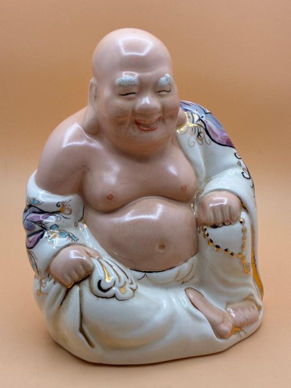 Antique Famille Chinese Porcelain Laughing Happy Buddha Budai Hand-Painted Gold
